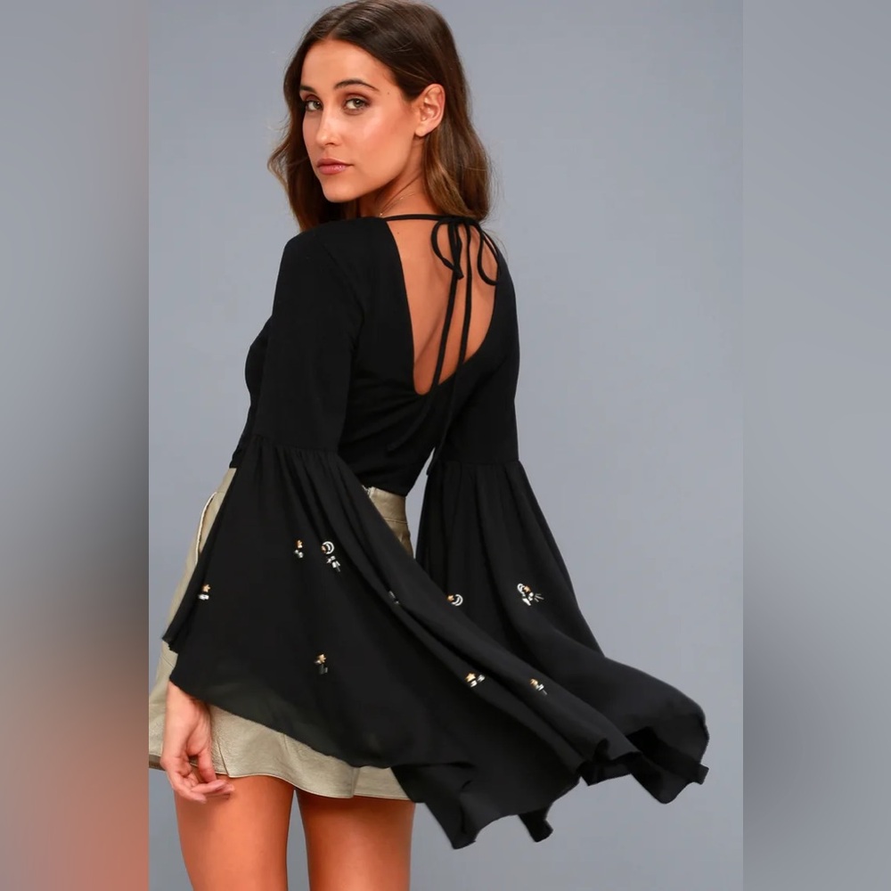 Lost Ink Spaced Out Black Rhinestone Flounce Sleeve Bodysuit - Size M